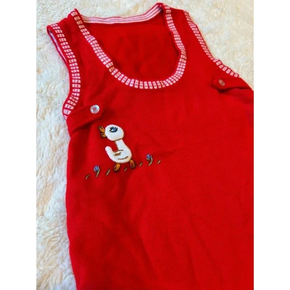 Vintage Funky Duck Embroidered Snap Baby Romper Red Summer